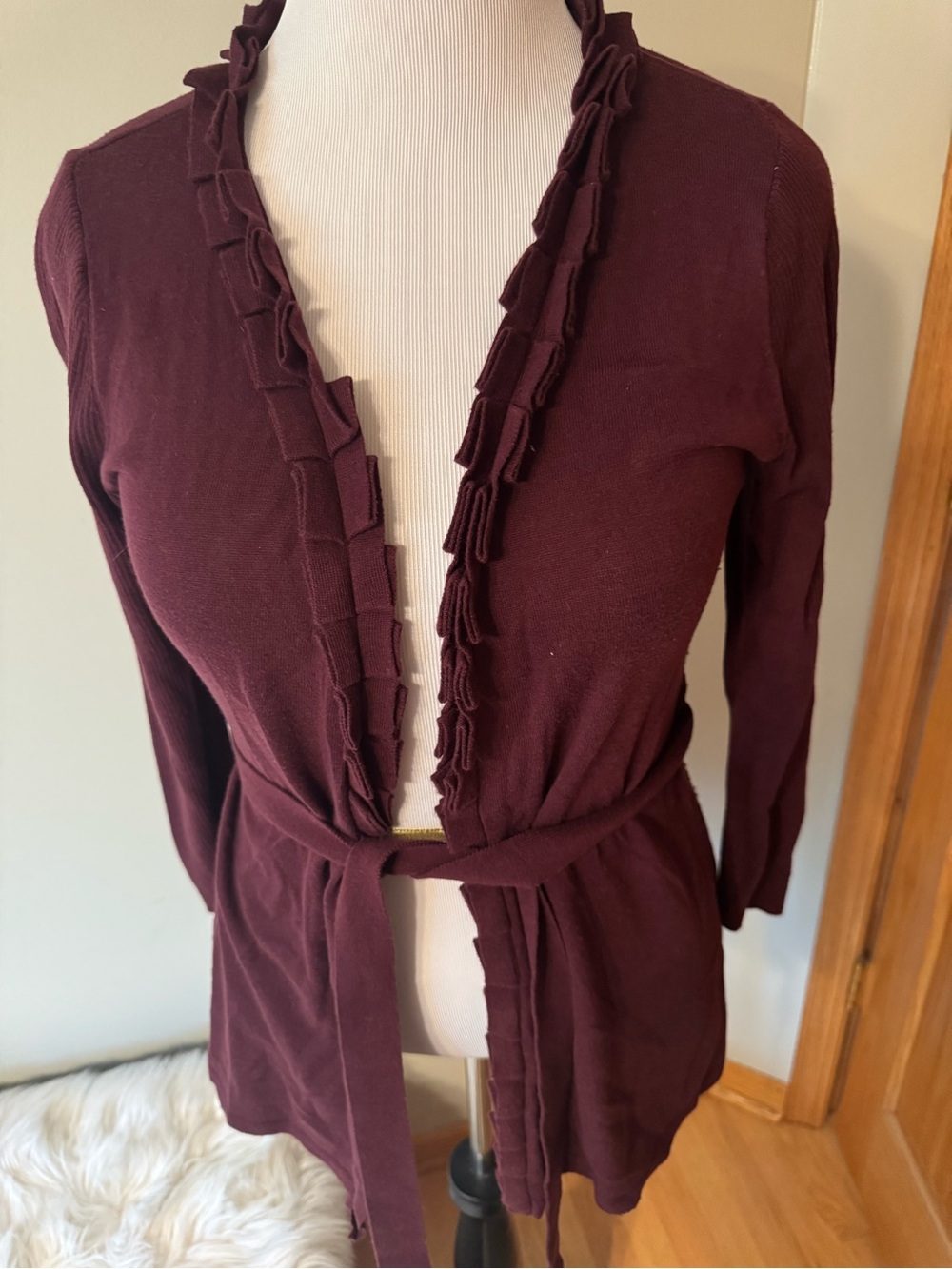 The Limited Ruffle-Trim Belted Cardigan - Deep Wine